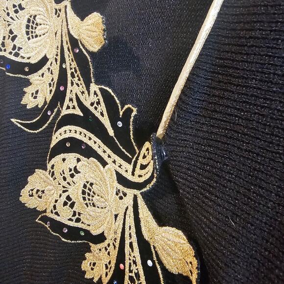 Vintage Floral Sweater Womens Med Black Gold Glam Rock Knit Embellished Evening - Picture 6 of 10